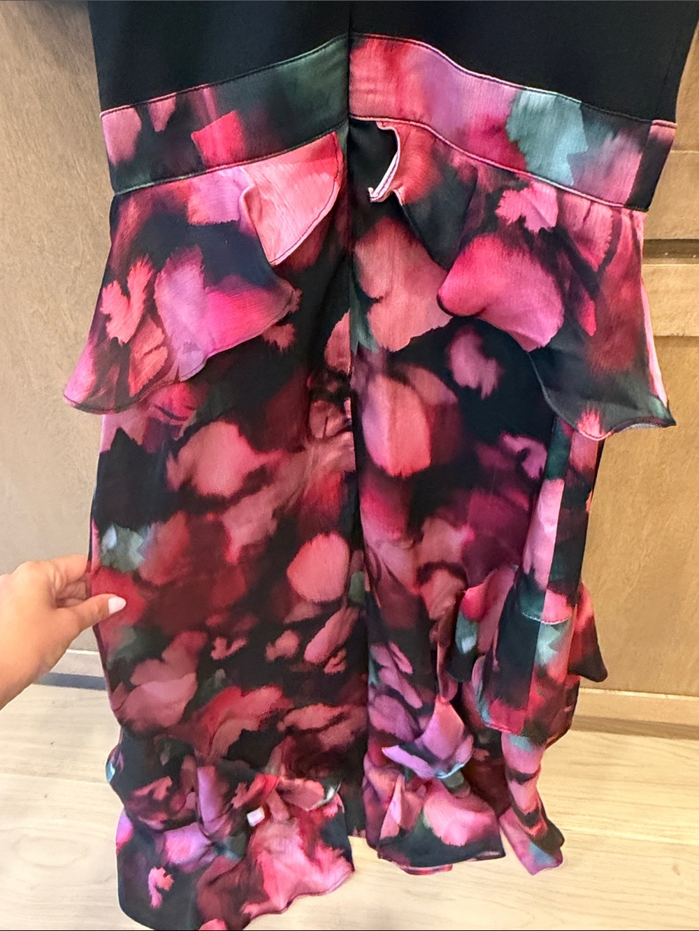 Ted Baker Black Top with Pink Floral Ruffle Skirt Midi Dress - Picture 8 of 8